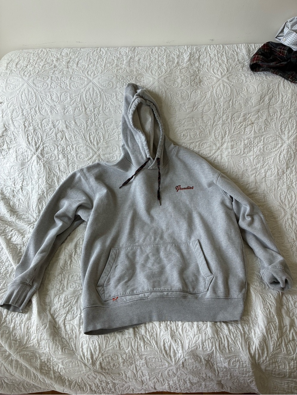 Grundens Gray Pullover Hoodie with Embroidered Script Logo